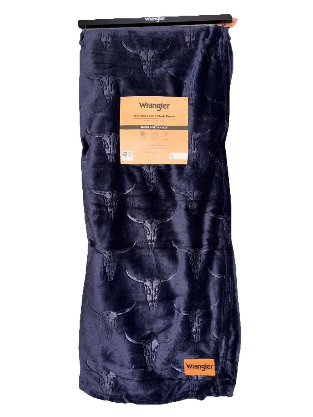 Wrangler Longhorn Cow Skull Oversized Plush Throw Blanket Navy Blue 60x70 NEW